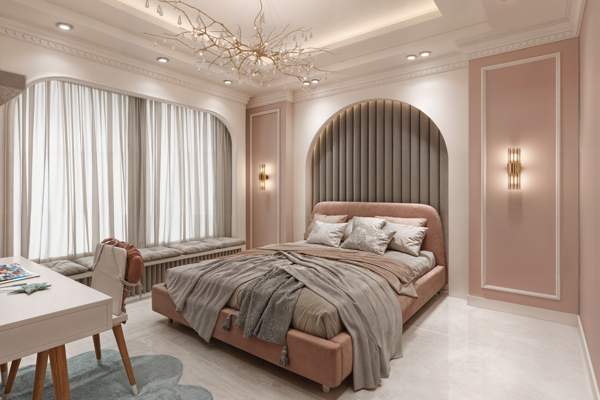 architectural 3d visualization by Keneti studio. interior render of a modern luxury bedroom with warm color code. view to bed.