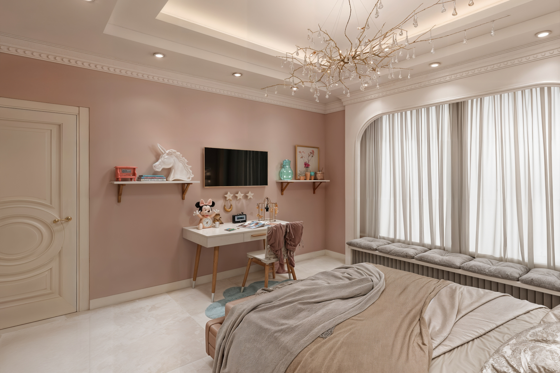 architectural 3d visualization by Keneti studio. interior render of a modern luxury bedroom with warm color code. view to drawer.