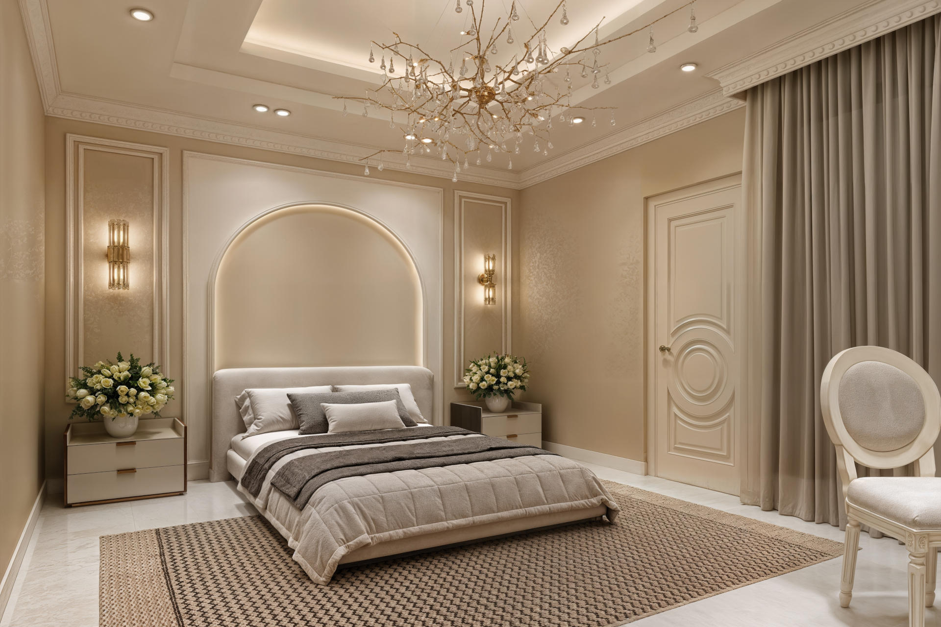 architectural 3d visualization by keneti studio. interior render of a modern luxury bedroom with taupe color code. view to bed.