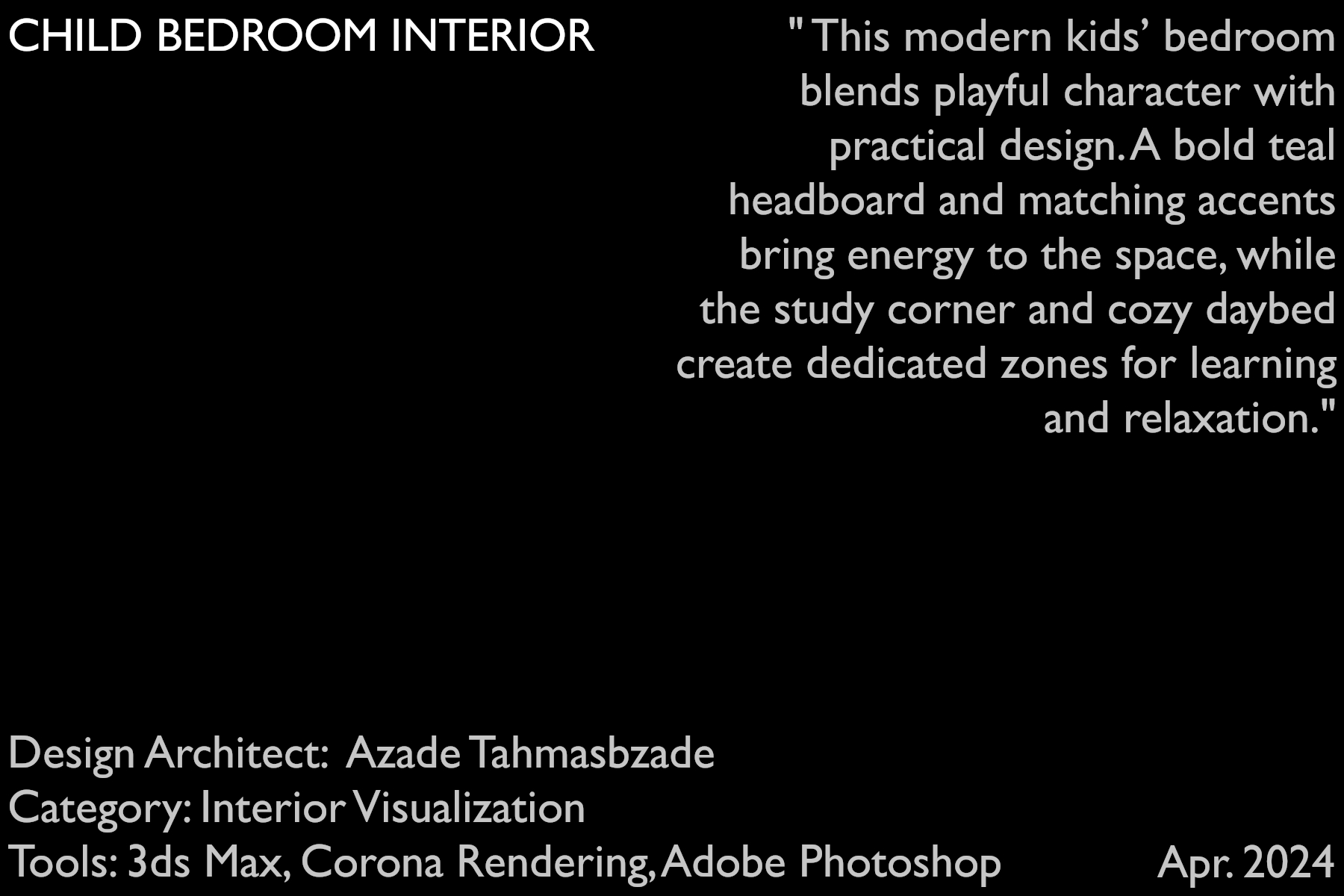 architectural 3d visualization by Keneti studio. interior render of a modern luxury child bedroom. project information.