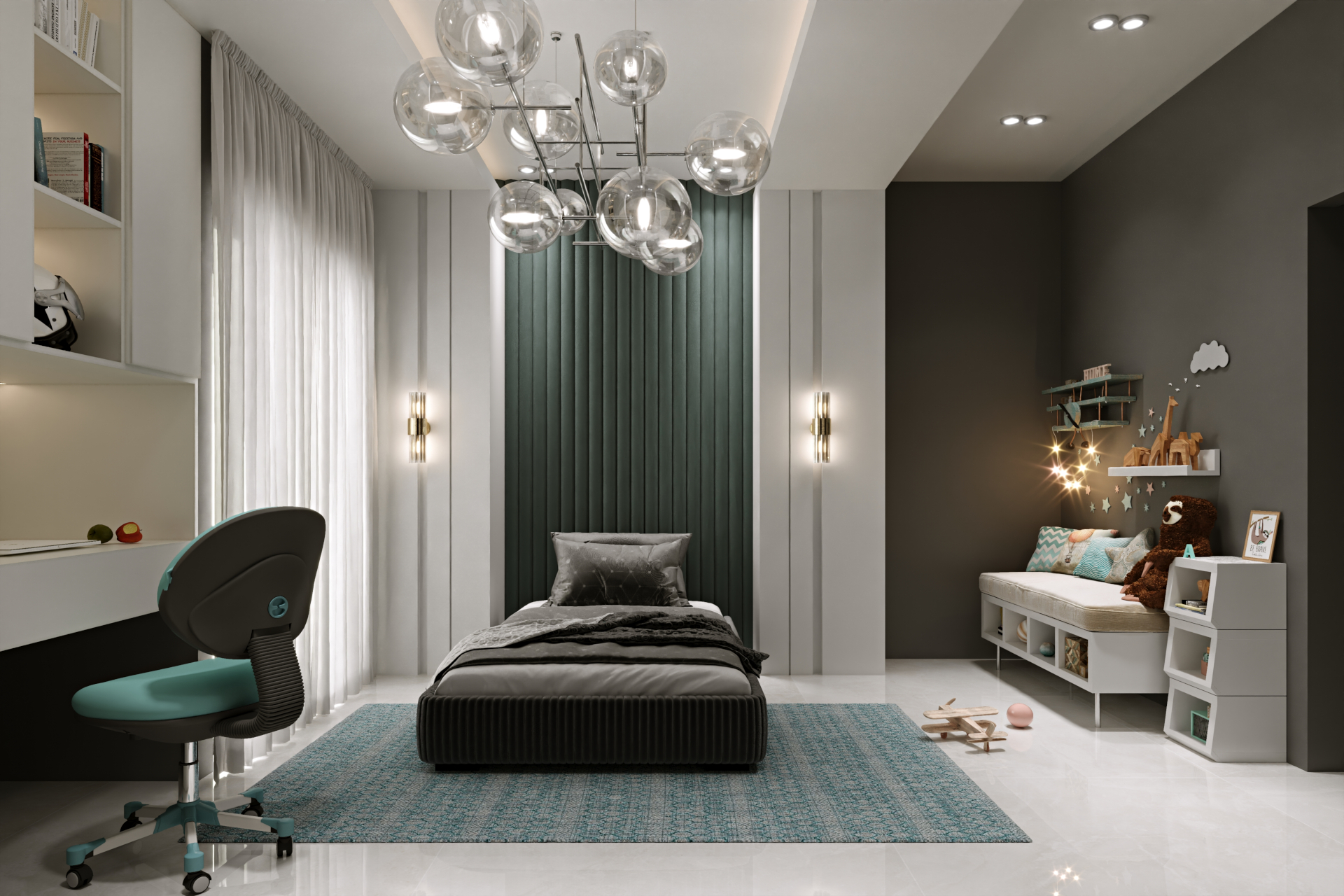 architectural 3d visualization by Keneti studio. interior render of a modern luxury child bedroom. view to bed.