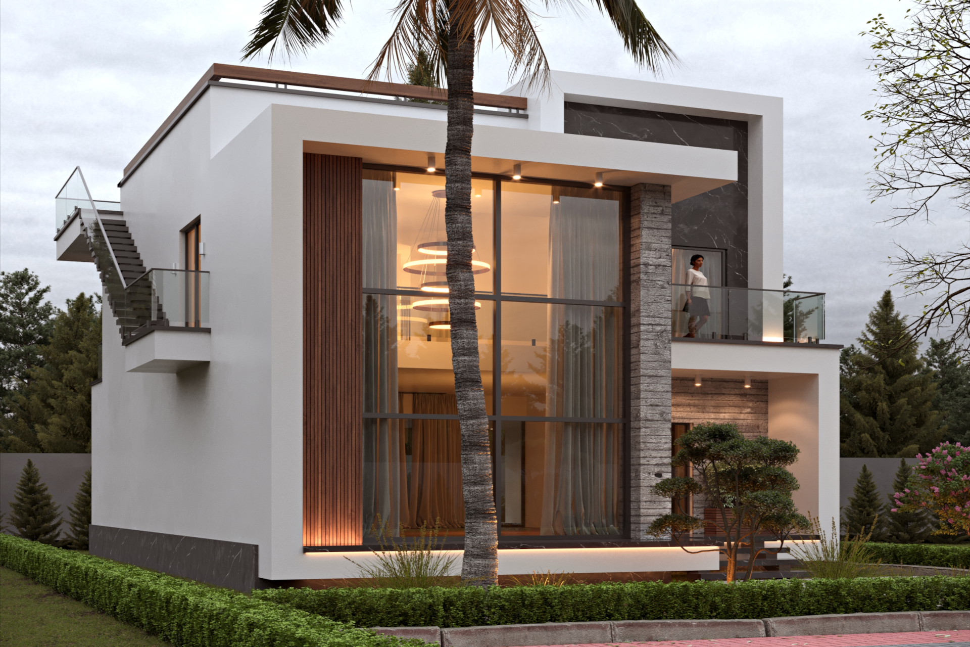 architectural 3d visualization service. exterior rendering of modern villa in a cloudy day alternative 1. 3d render by Keneti studio