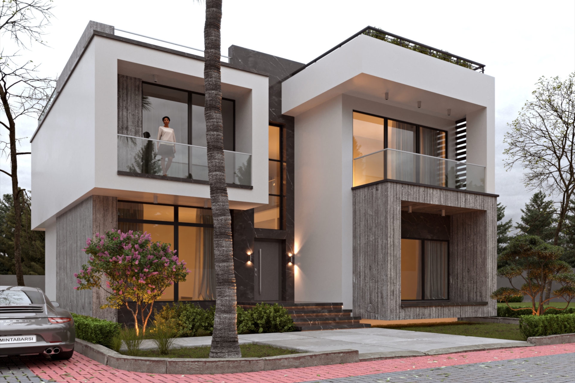 architectural 3d visualization service. exterior rendering of modern villa in a cloudy day alternative 2. 3d render by Keneti studio