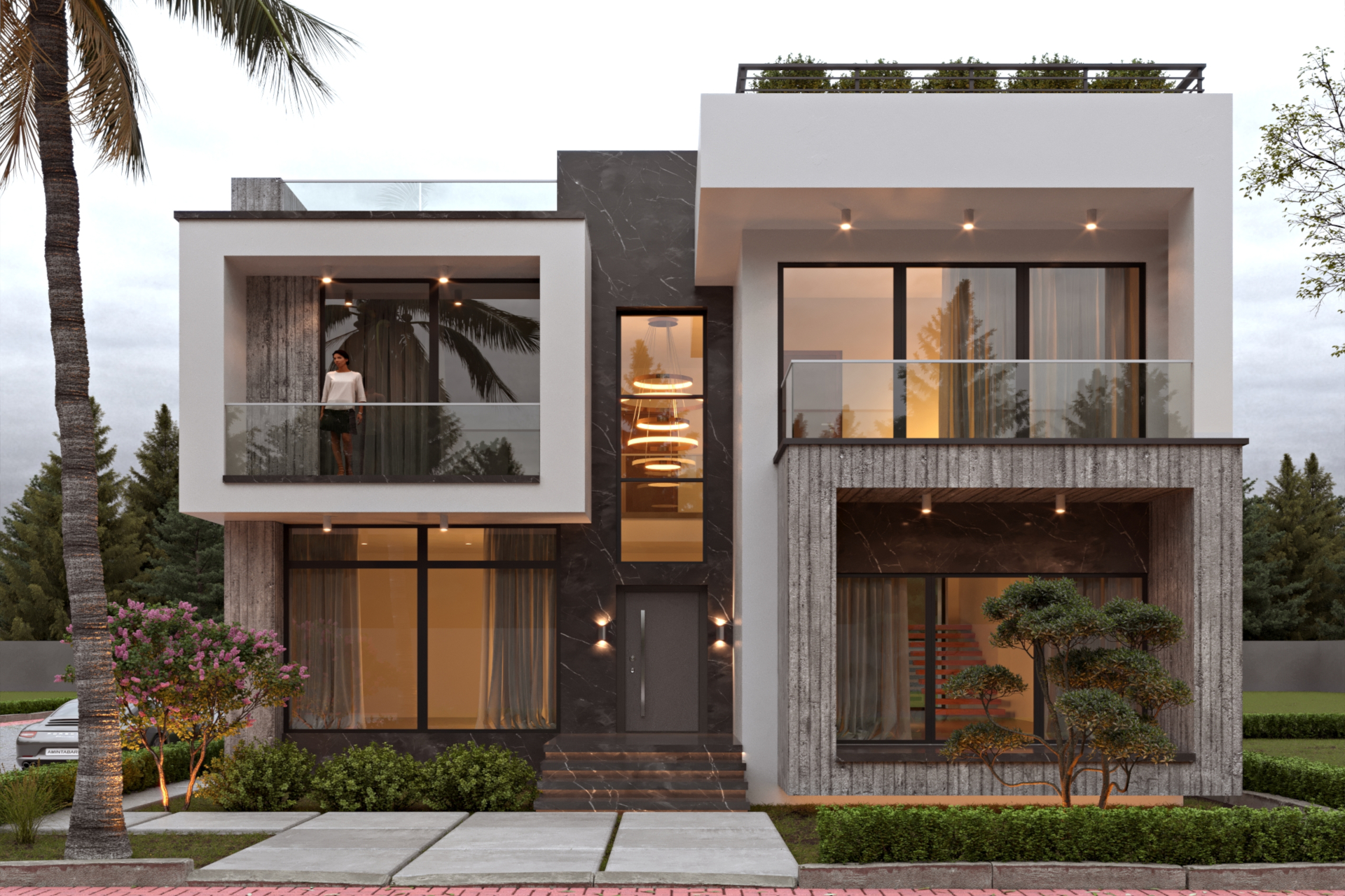 architectural 3d visualization service. exterior rendering of modern villa in a cloudy day alternative 2. 3d render by Keneti studio