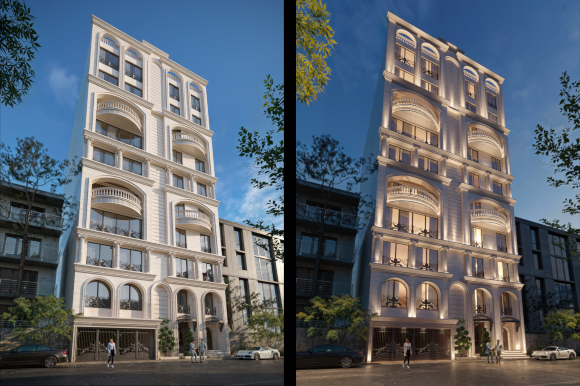 architectural 3d visualization service. exterior rendering of a classic apartment design. two views in day light and sunset with lighting design shown. 3d render by keneti studio