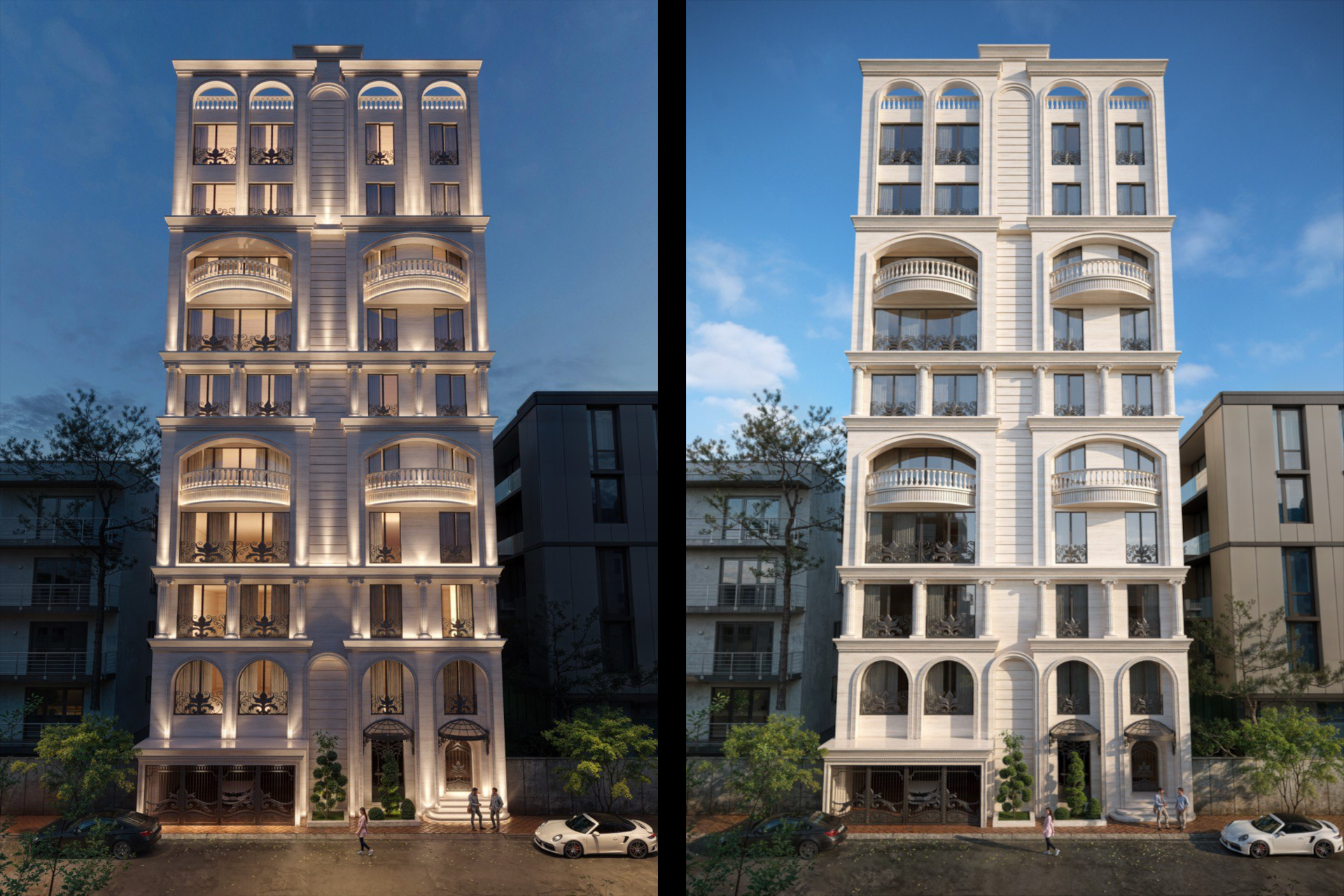 architectural 3d visualization service. exterior rendering of a classic apartment design. two elevation views in day light and sunset with lighting design shown. 3d render by keneti studio