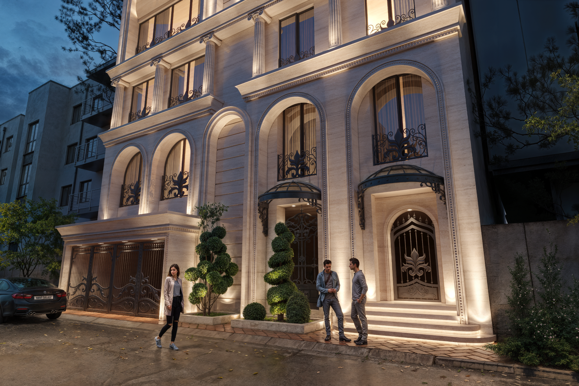 architectural 3d visualization service. exterior rendering of a classic apartment design. entrance view in sunset with lighting design shown. 3d render by keneti studio