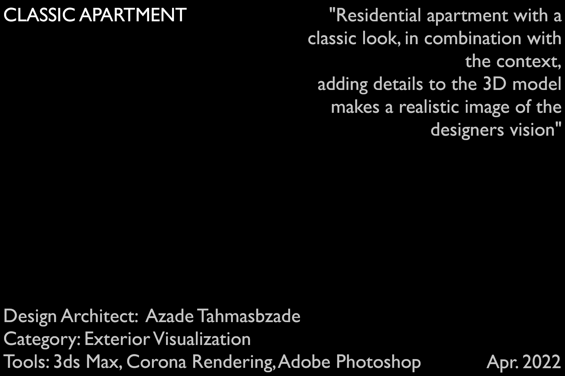 architectural 3d visualization service. exterior rendering of a classic apartment design. project information. 3d render by keneti studio