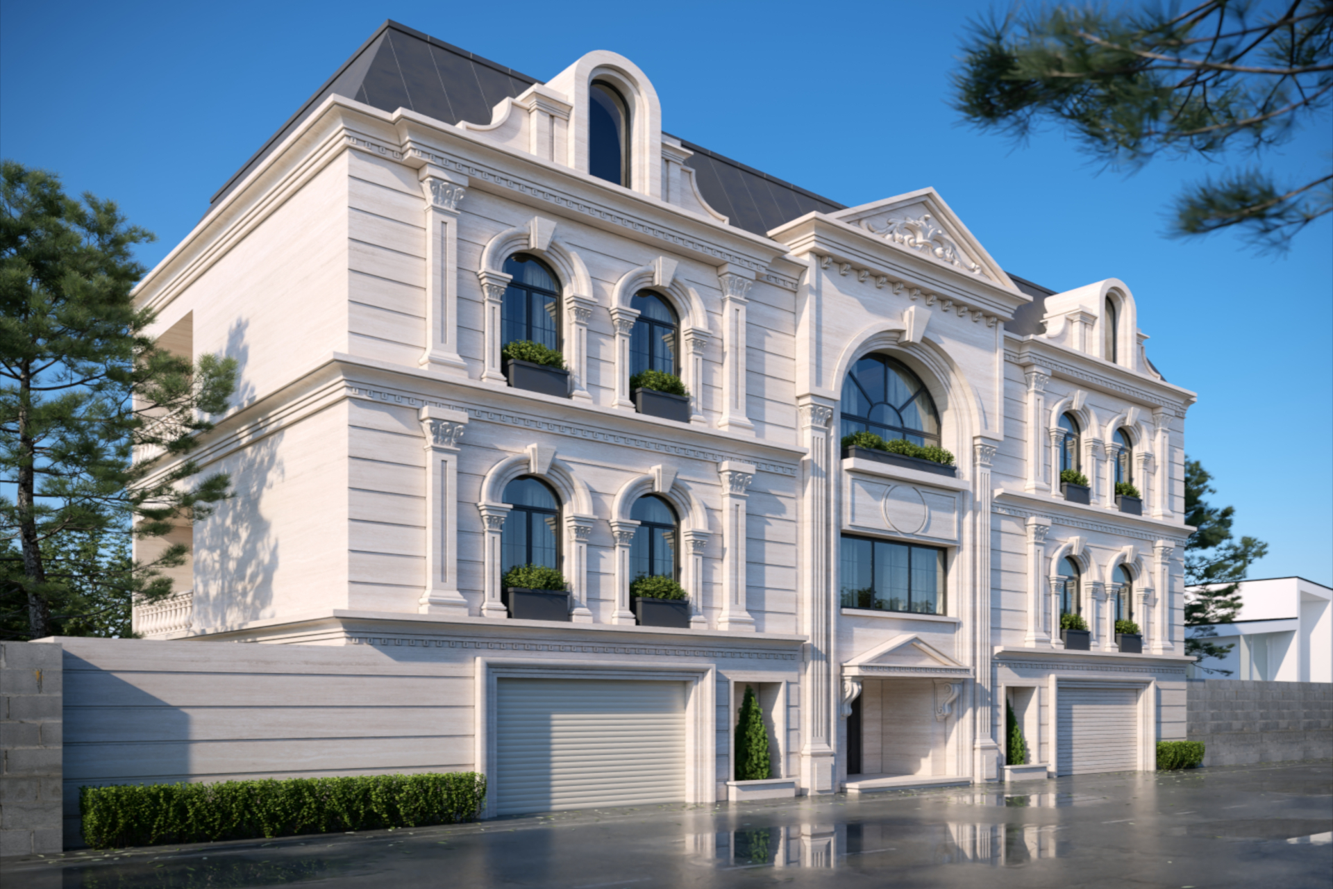 architectural 3d visualization service. exterior rendering of a classic house design in a clear sky day. 3d render by keneti studio