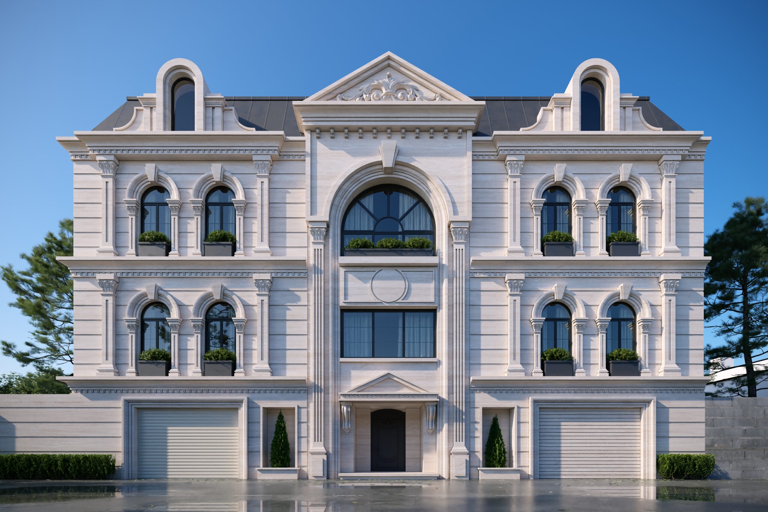 architectural 3d visualization service. exterior rendering of a classic house design in a clear sky day. 3d render by keneti studio