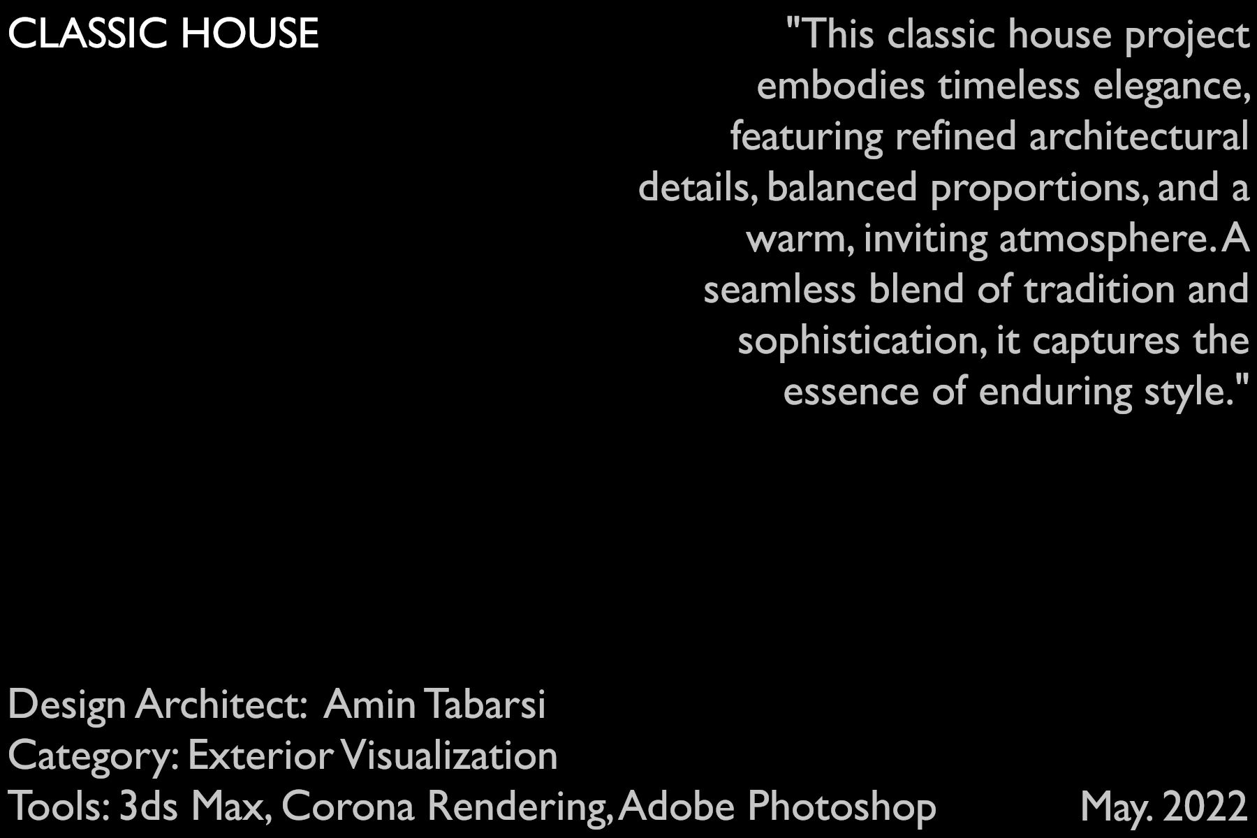 architectural 3d visualization service. exterior rendering of a classic house. project information. 3d render by keneti studio