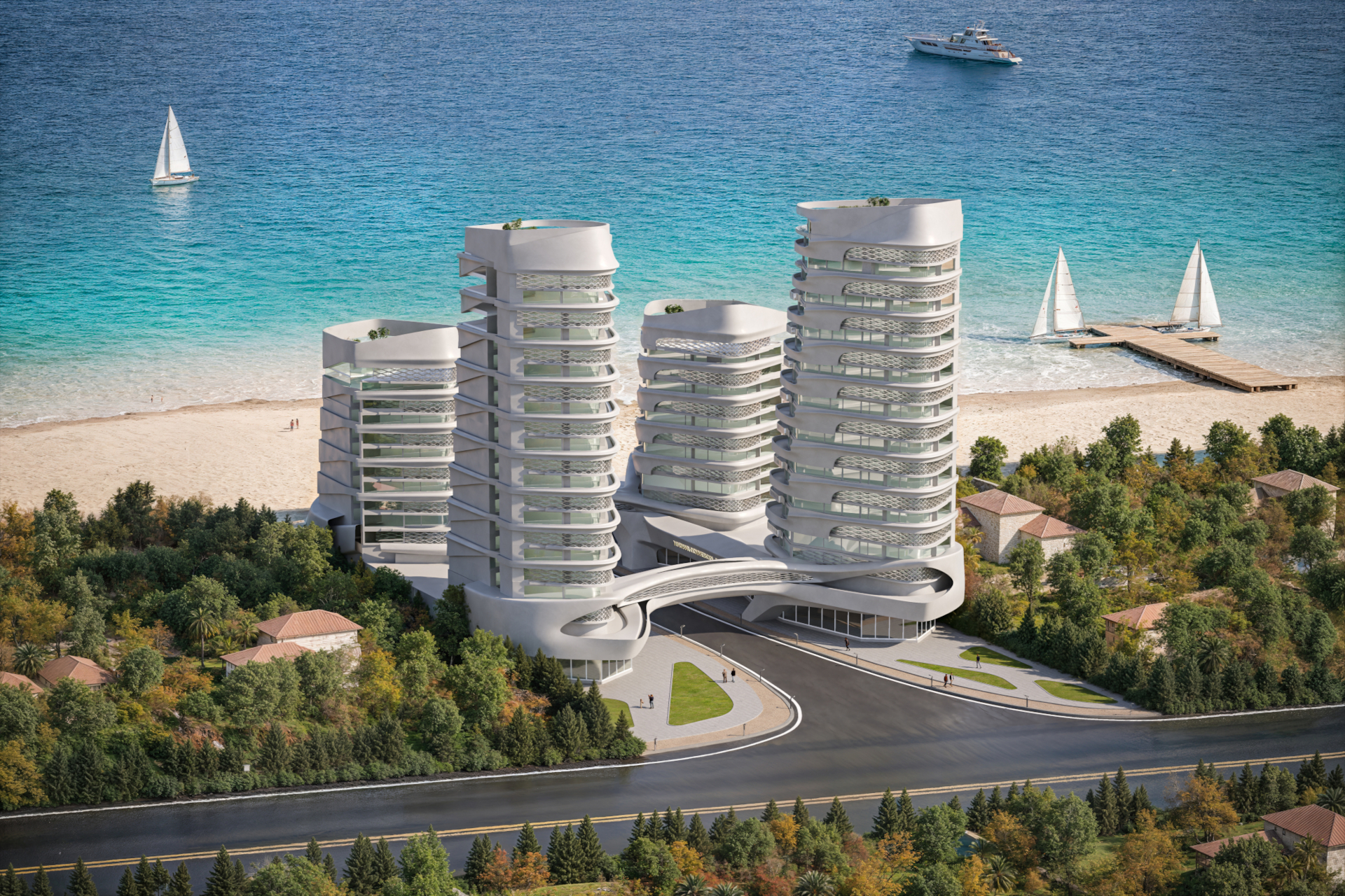 architectural 3d visualization by Keneti studio. exterior render of a computationally designed commercial tower. bird view day light.