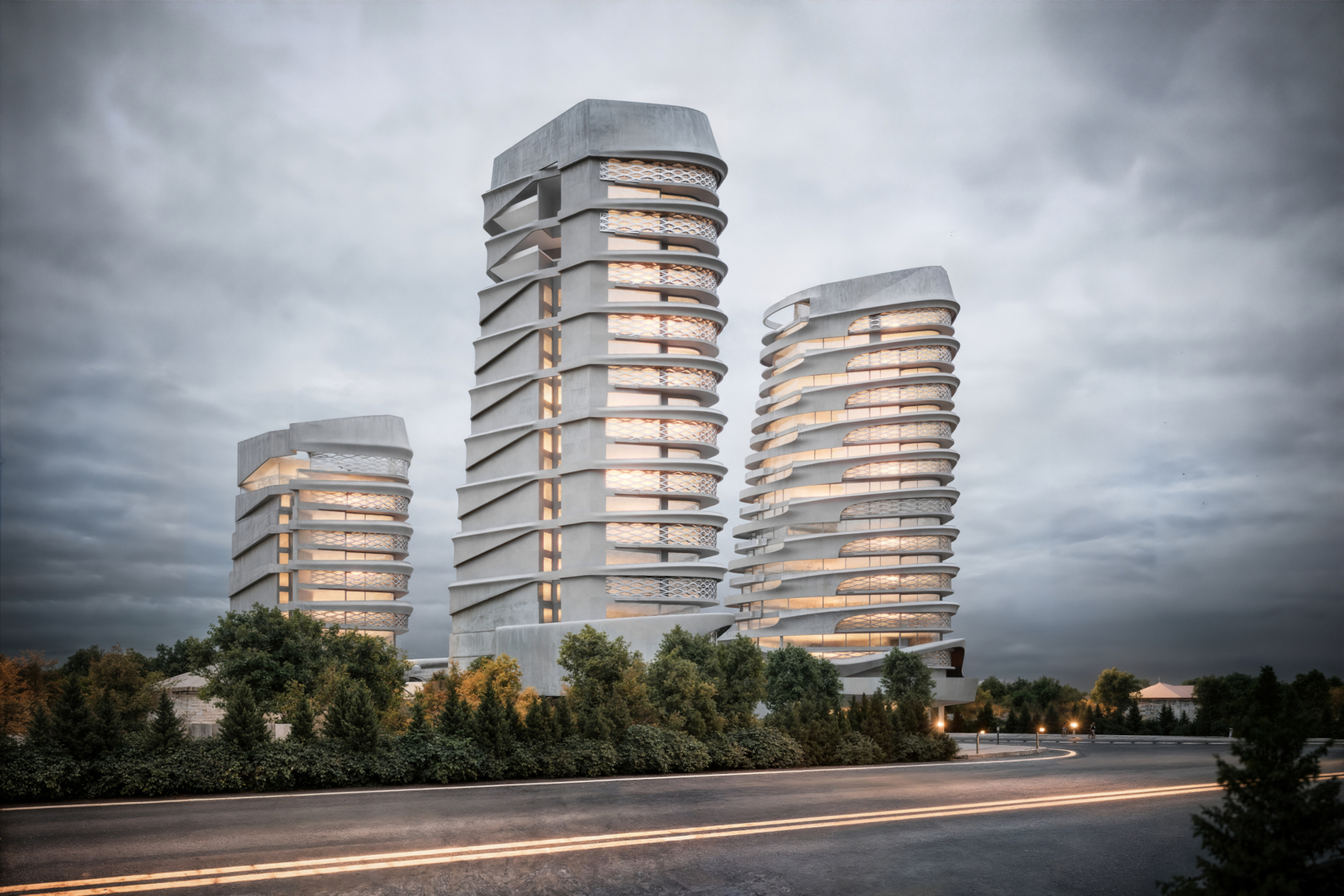 architectural 3d visualization by Keneti studio. exterior render of a computationally designed commercial tower. lighting at sunset elevation view.