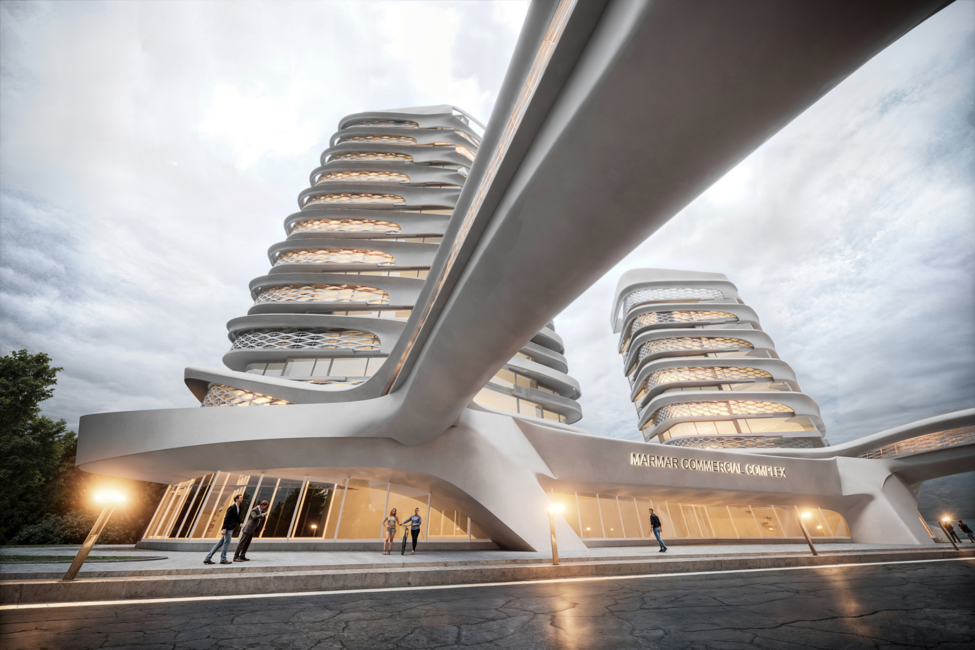 architectural 3d visualization by Keneti studio. exterior render of a computationally designed commercial tower. entrance view lighting.