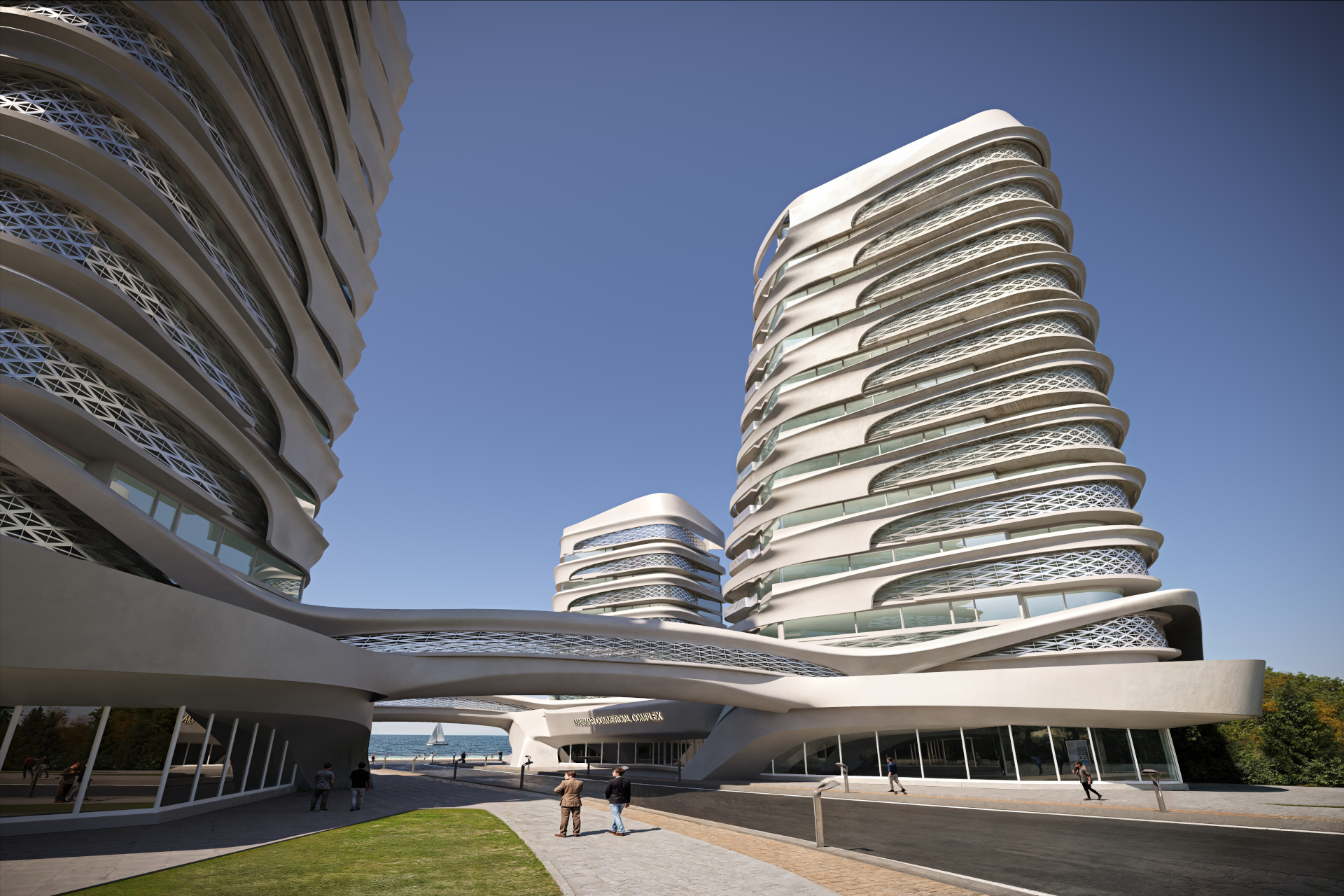 architectural 3d visualization by Keneti studio. exterior render of a computationally designed commercial tower. entrance bridge view.