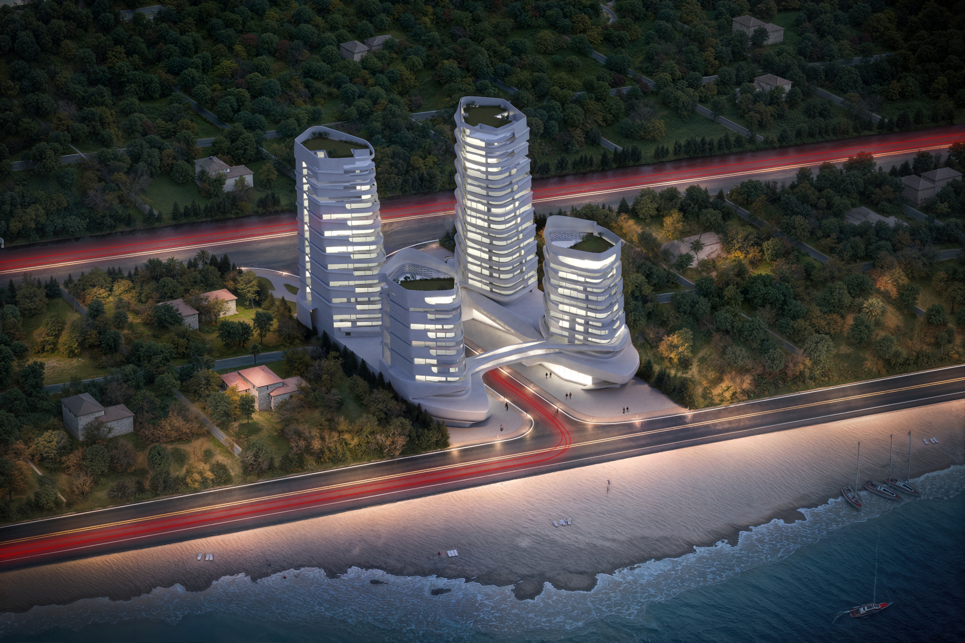 architectural 3d visualization by Keneti studio. exterior render of a computationally designed commercial tower. bird view night lights.