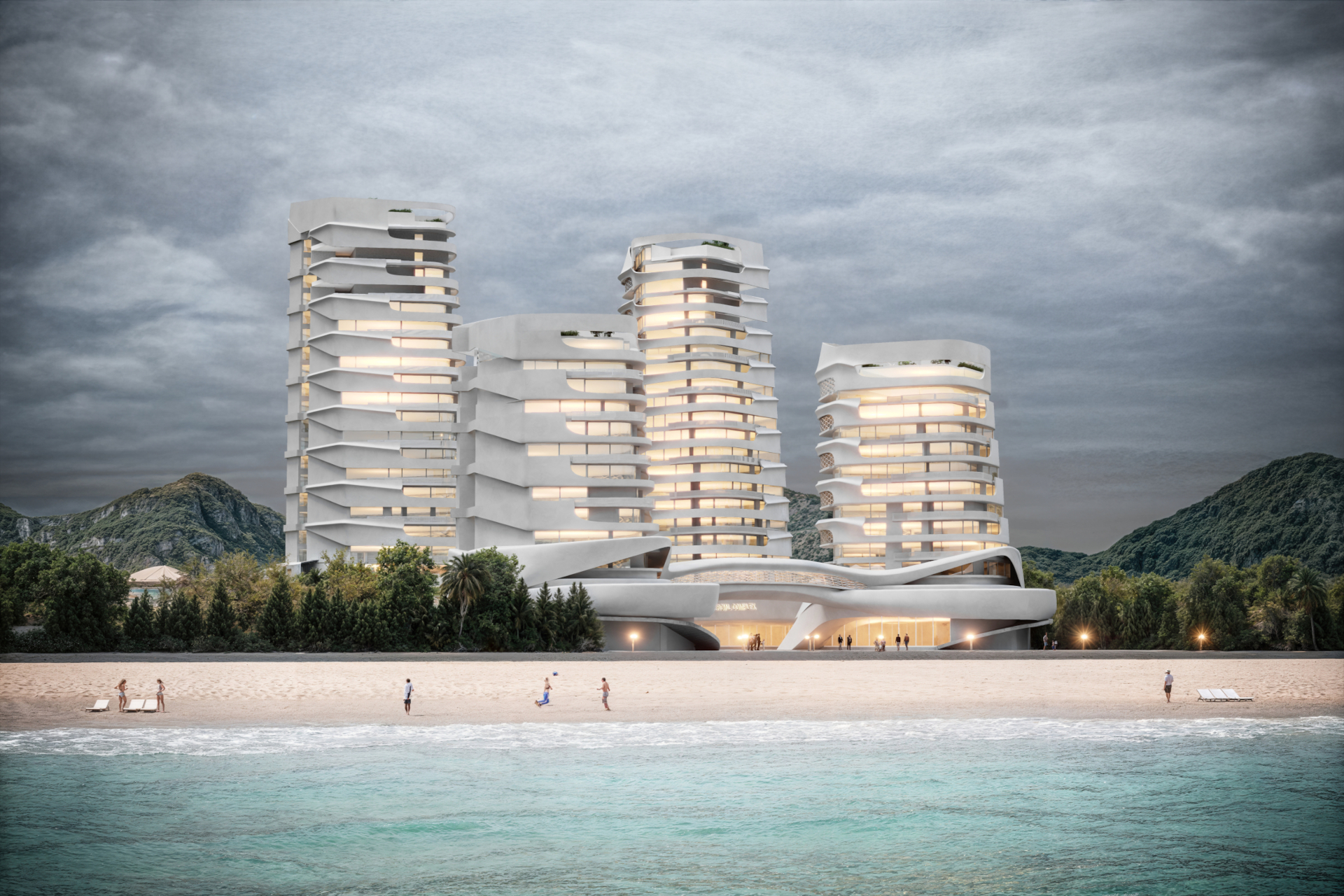 architectural 3d visualization by Keneti studio. exterior render of a computationally designed commercial tower. view at the sea side.