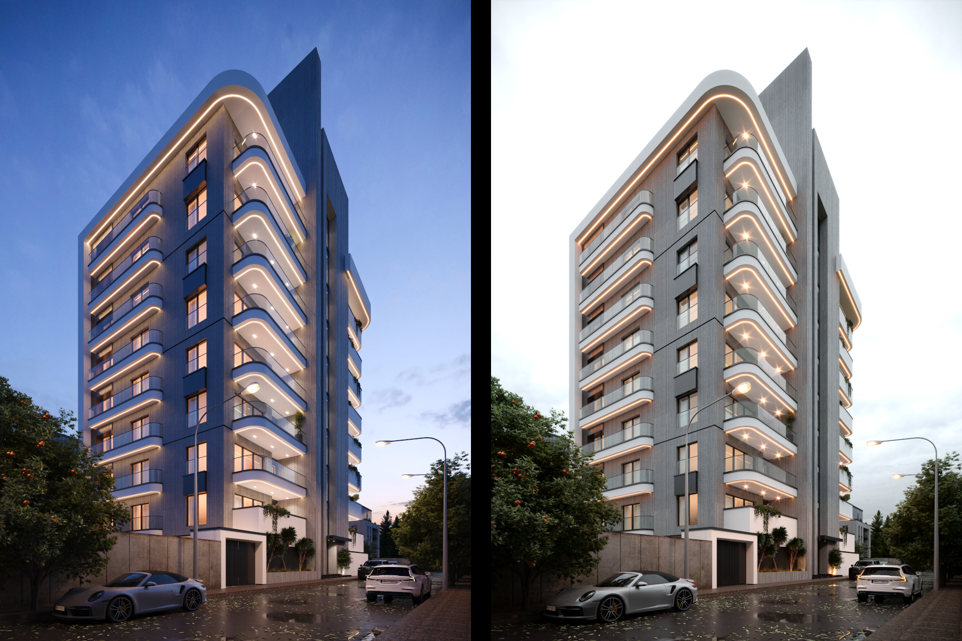 architectural 3d visualization service. exterior rendering of a modern apartment design. clear sky sunset light and cloudy day lighting. 3d render by Keneti studio