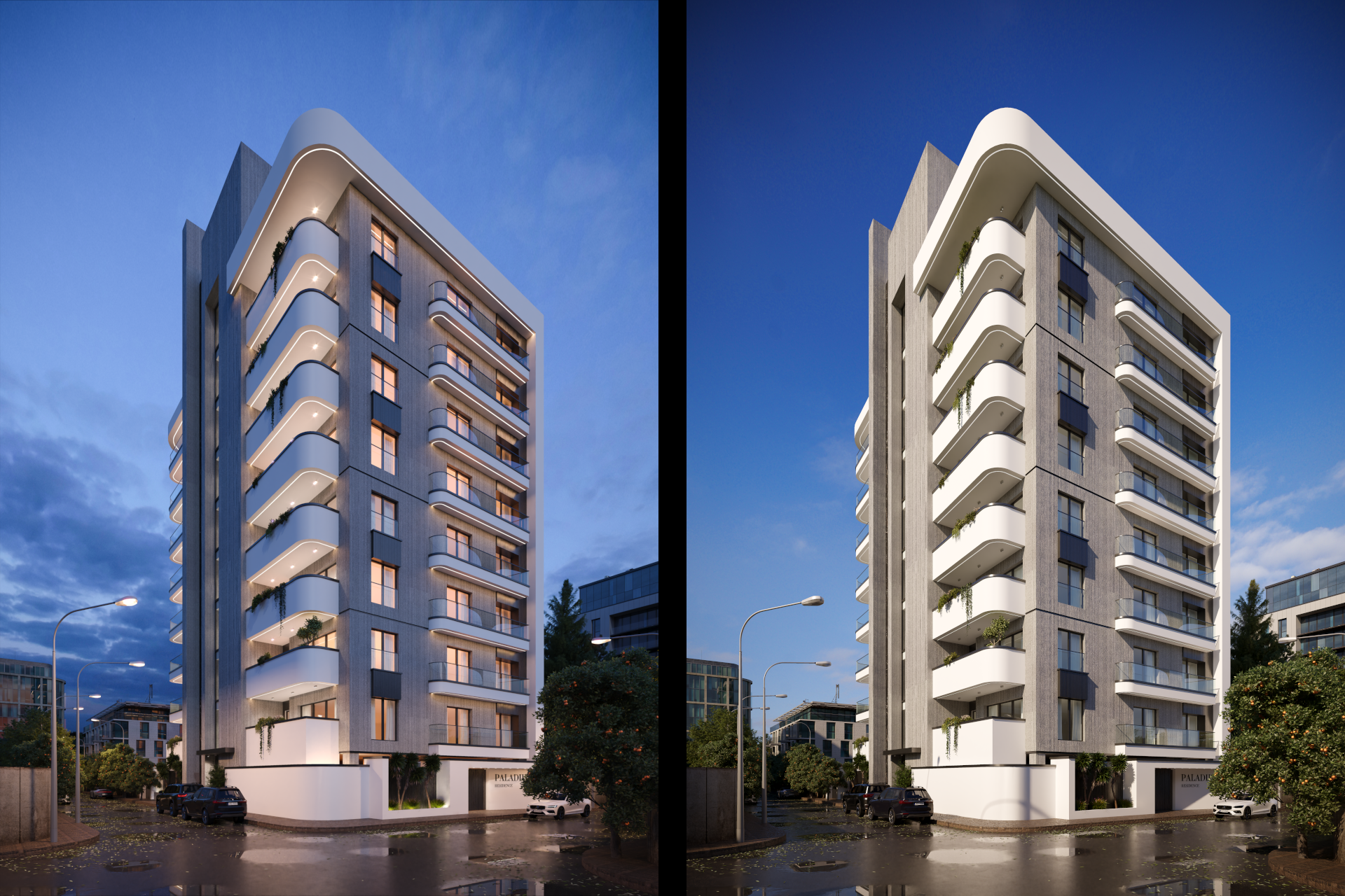 architectural 3d visualization service. exterior rendering of a modern apartment design. clear sky day light two different views. 3d render by Keneti studio
