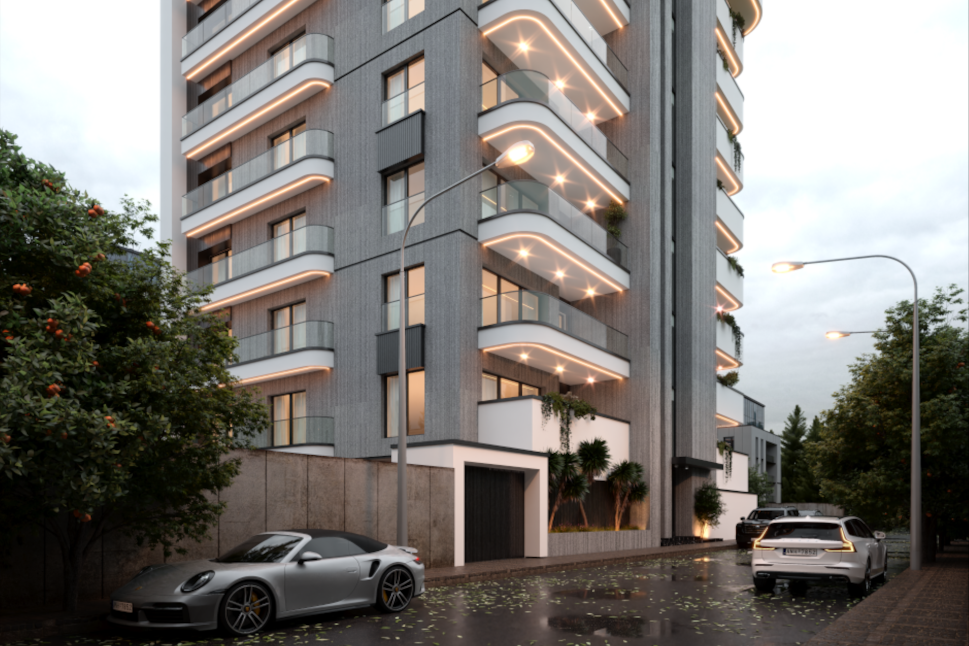 architectural 3d visualization service. exterior rendering of a modern apartment design. rainy day lighting. 3d render by Keneti studio