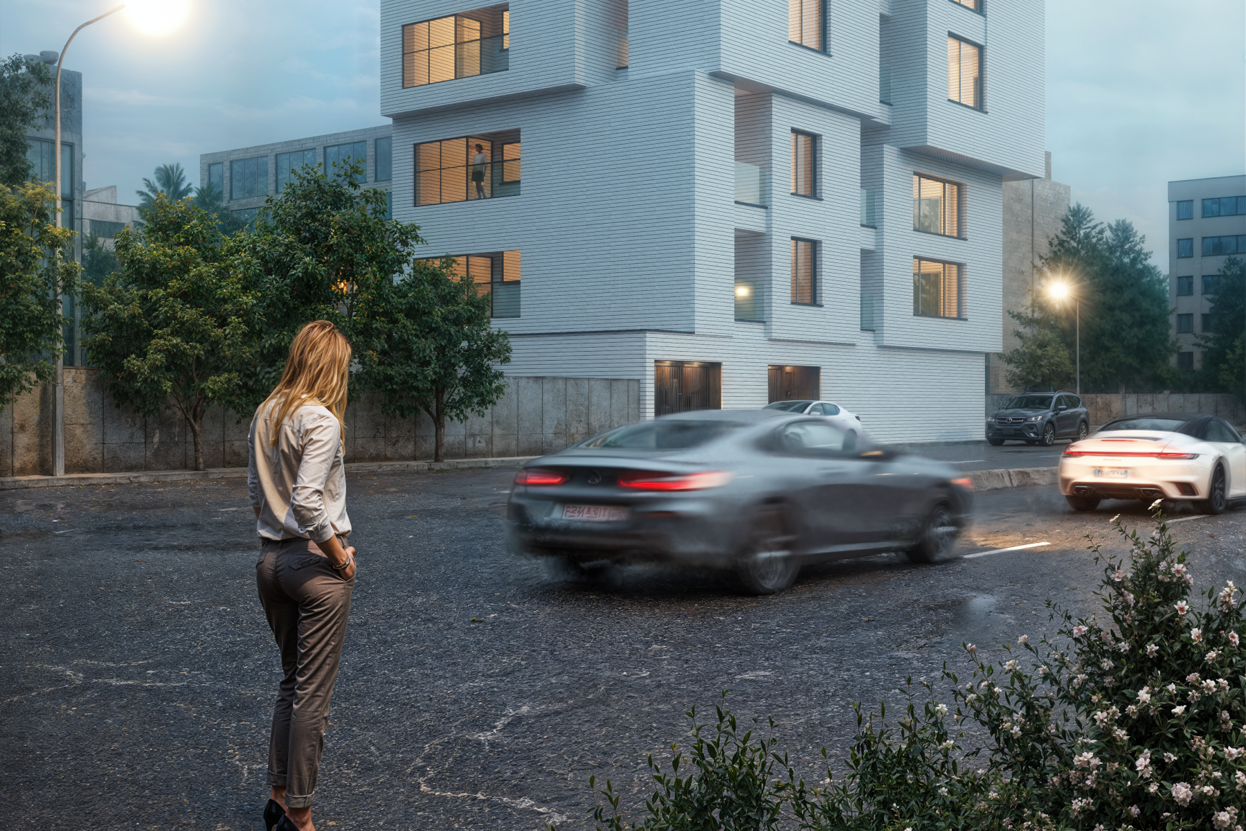 architectural 3d visualization service. exterior rendering of a modern apartment design. cloudy sunset lighting. 3d render by Keneti studio