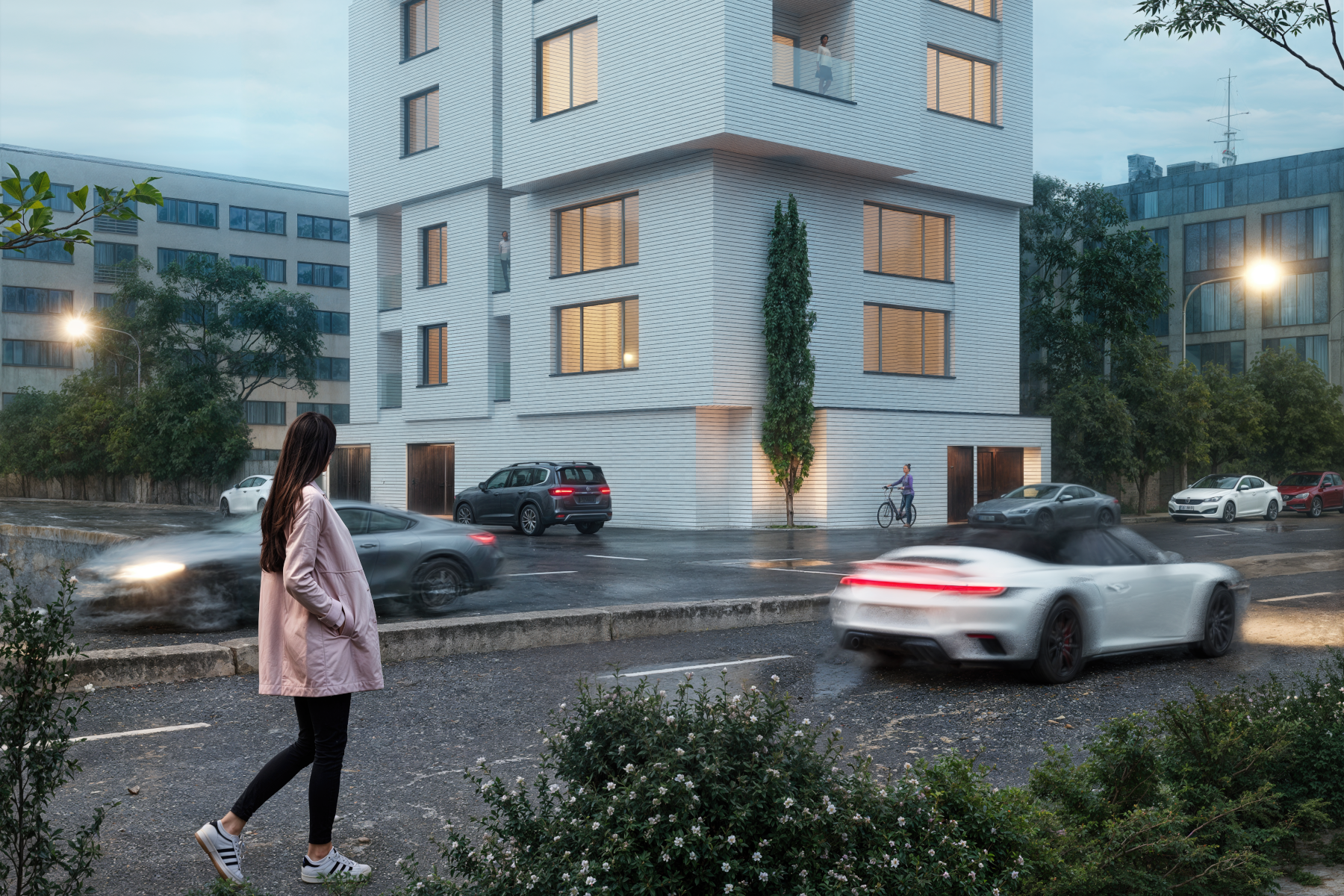 architectural 3d visualization service. exterior rendering of a modern apartment design. cloudy sunset lighting second view. 3d render by Keneti studio