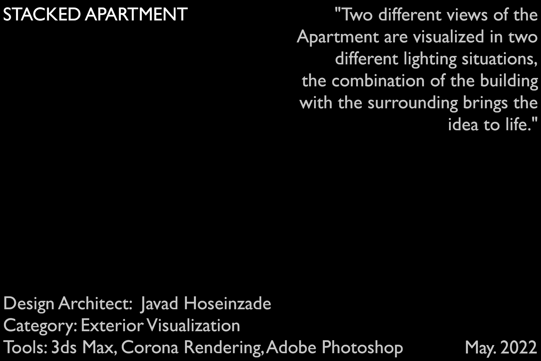 architectural 3d visualization service. exterior rendering of a modern apartment design. project information. 3d render by keneti studio