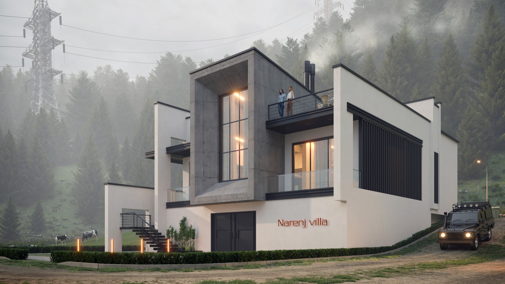 architectural 3d visualization service. exterior rendering of modern villa in a foggy atmosphere. 3d render by keneti studio