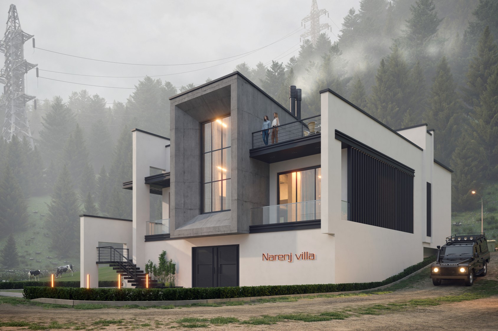 architectural 3d visualization service. exterior rendering of modern villa in a cloudy day in a forest. 3d render by keneti studio