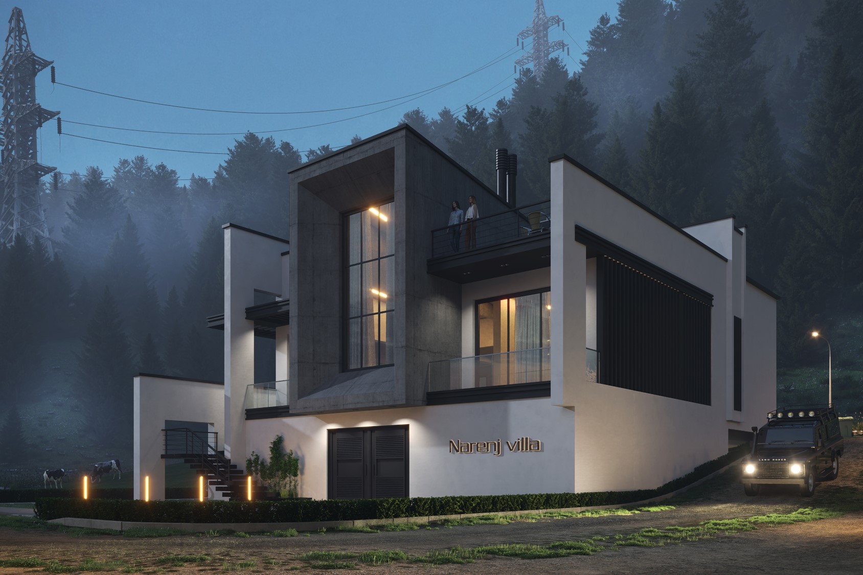 architectural 3d visualization service. exterior rendering of modern villa in a foggy day in a forest. 3d render by keneti studio
