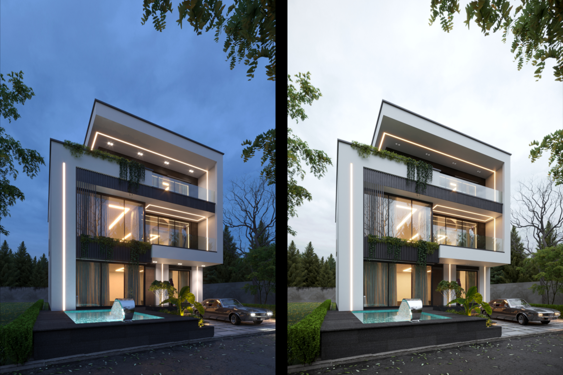 architectural 3d visualization service. exterior rendering of modern villa at two different lighting situation in a green neighborhood. one in a sunset and one a cloudy sky. 3d render by Keneti studio