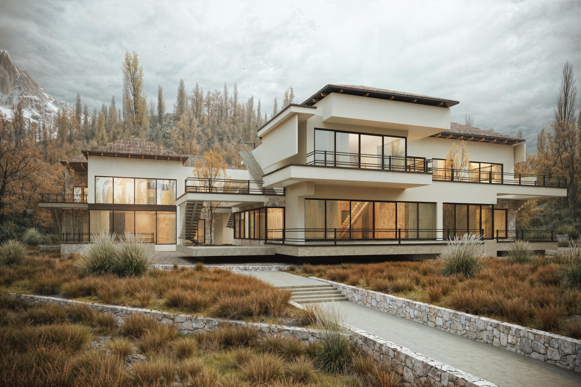architectural 3d visualization service. exterior rendering of modern villa in a cloudy weather mountains. 3d render by Keneti studio
