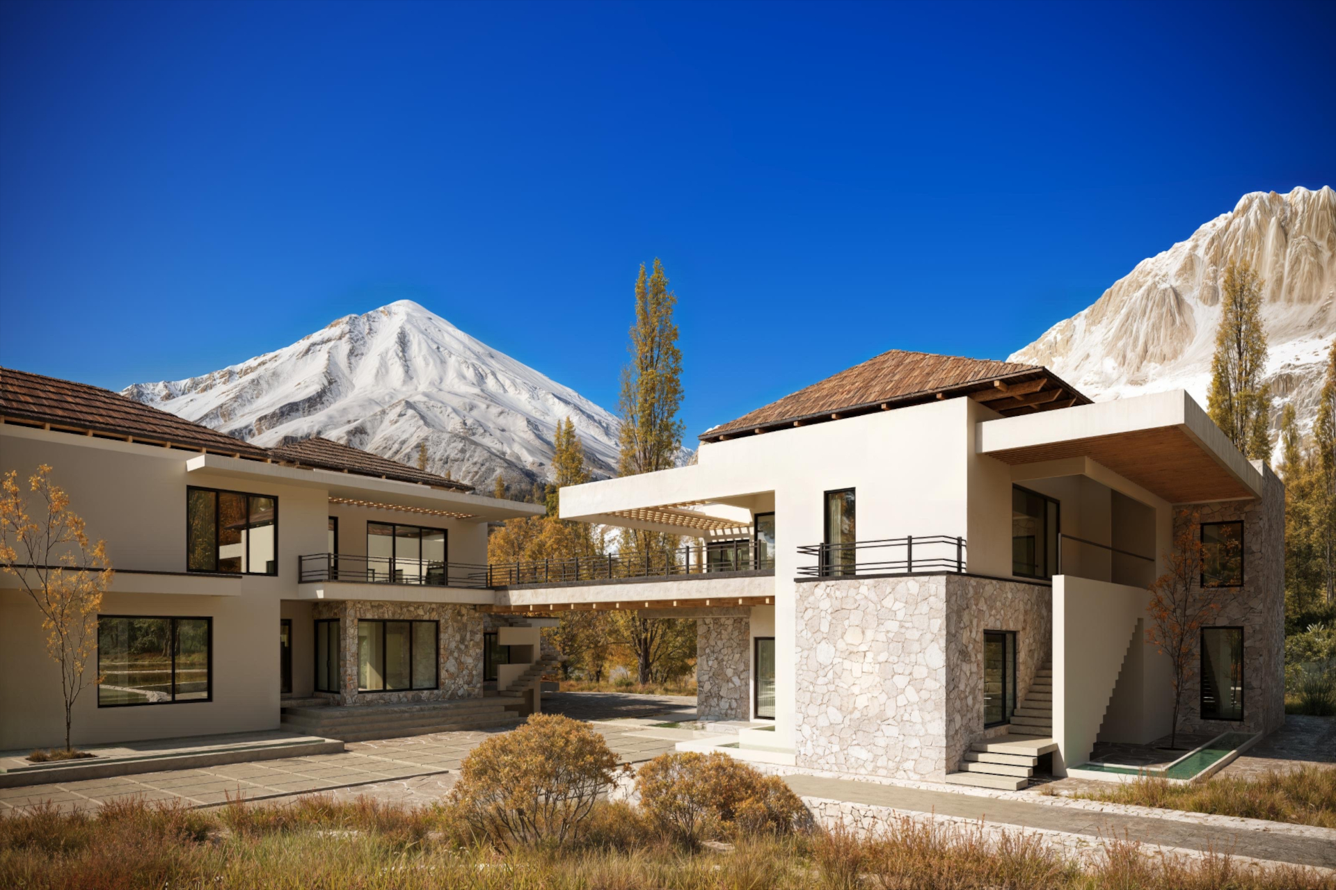 architectural 3d visualization service. exterior rendering of modern villa in a clear sky mountains. 3d render by Keneti studio