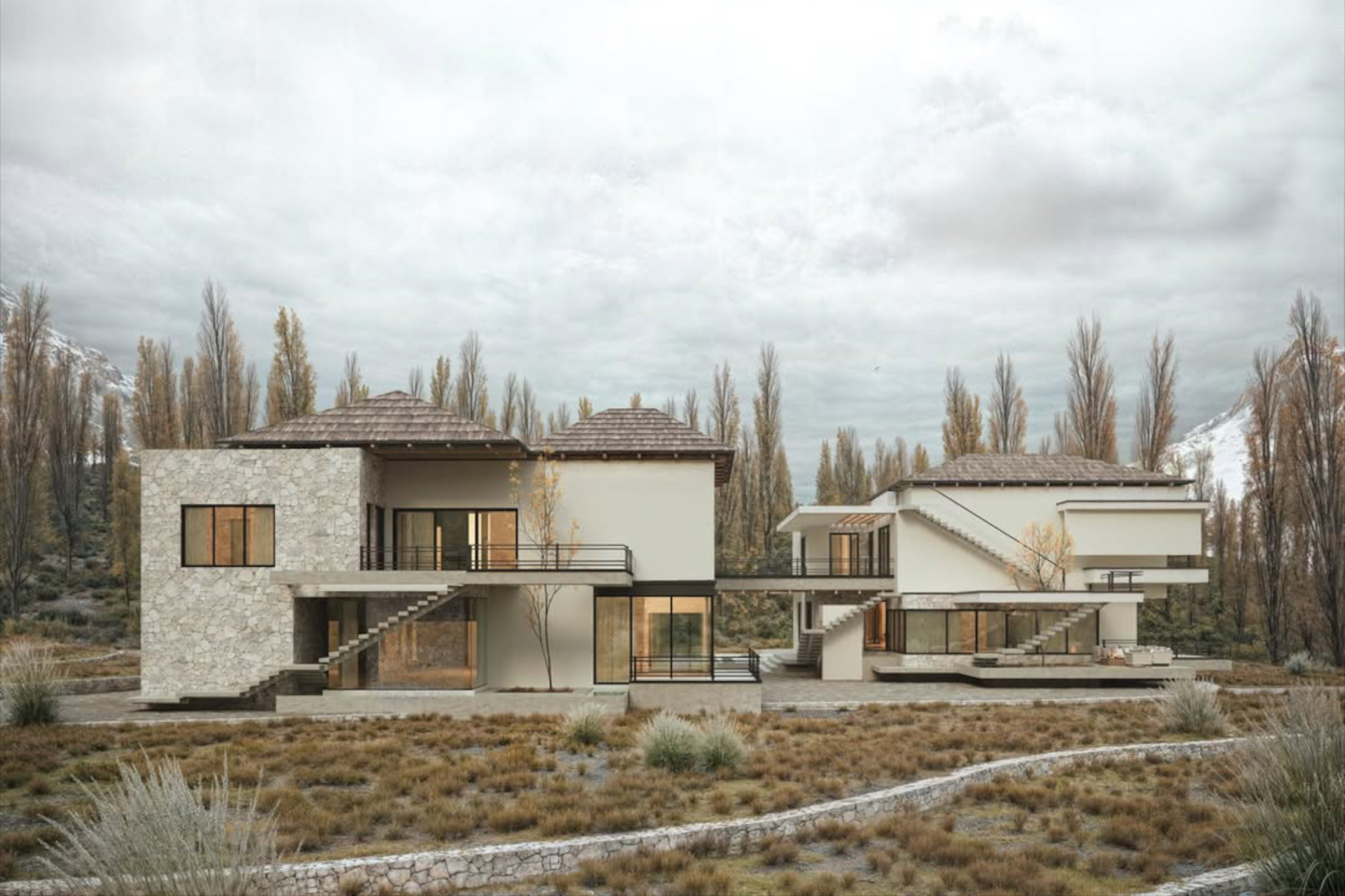 architectural 3d visualization service. exterior rendering of modern villa elevation in a cloudy weather mountains. 3d render by Keneti studio