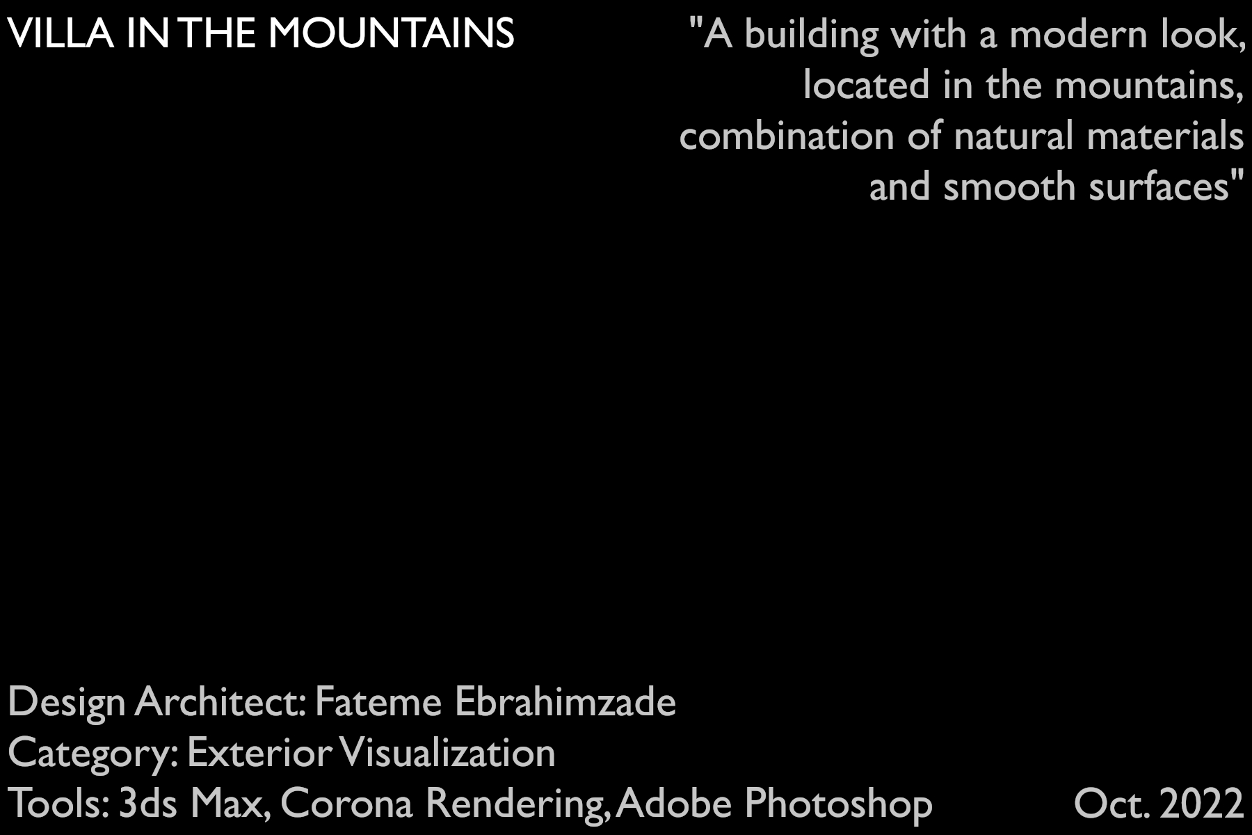 architectural 3d visualization service. information of the exterior rendering of a modern villa in a cloudy weather mountains.. 3d render by Keneti studio