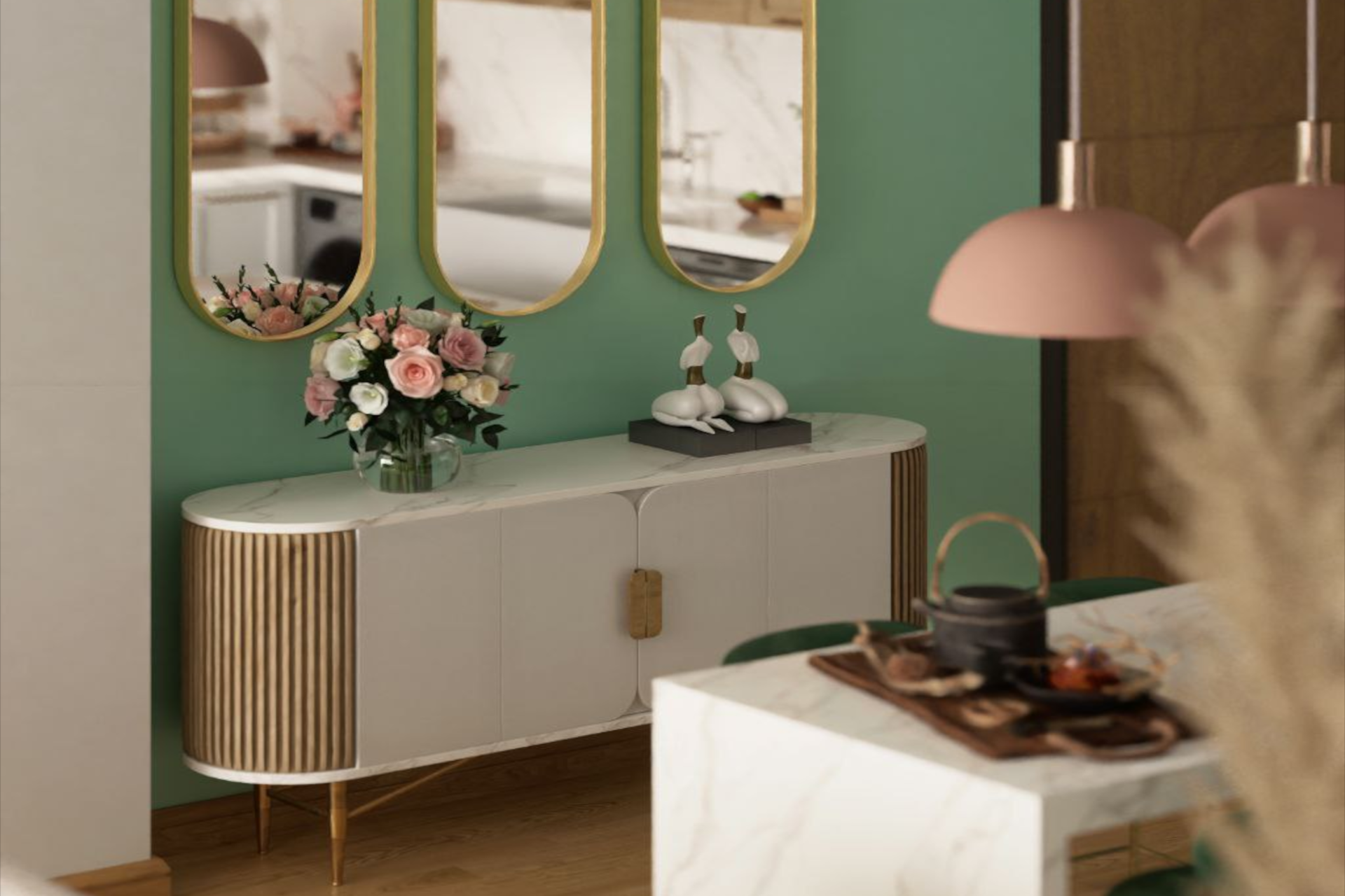 architectural 3d visualization by keneti studio. interior render of a cozy flat with a green color code. close-up view.