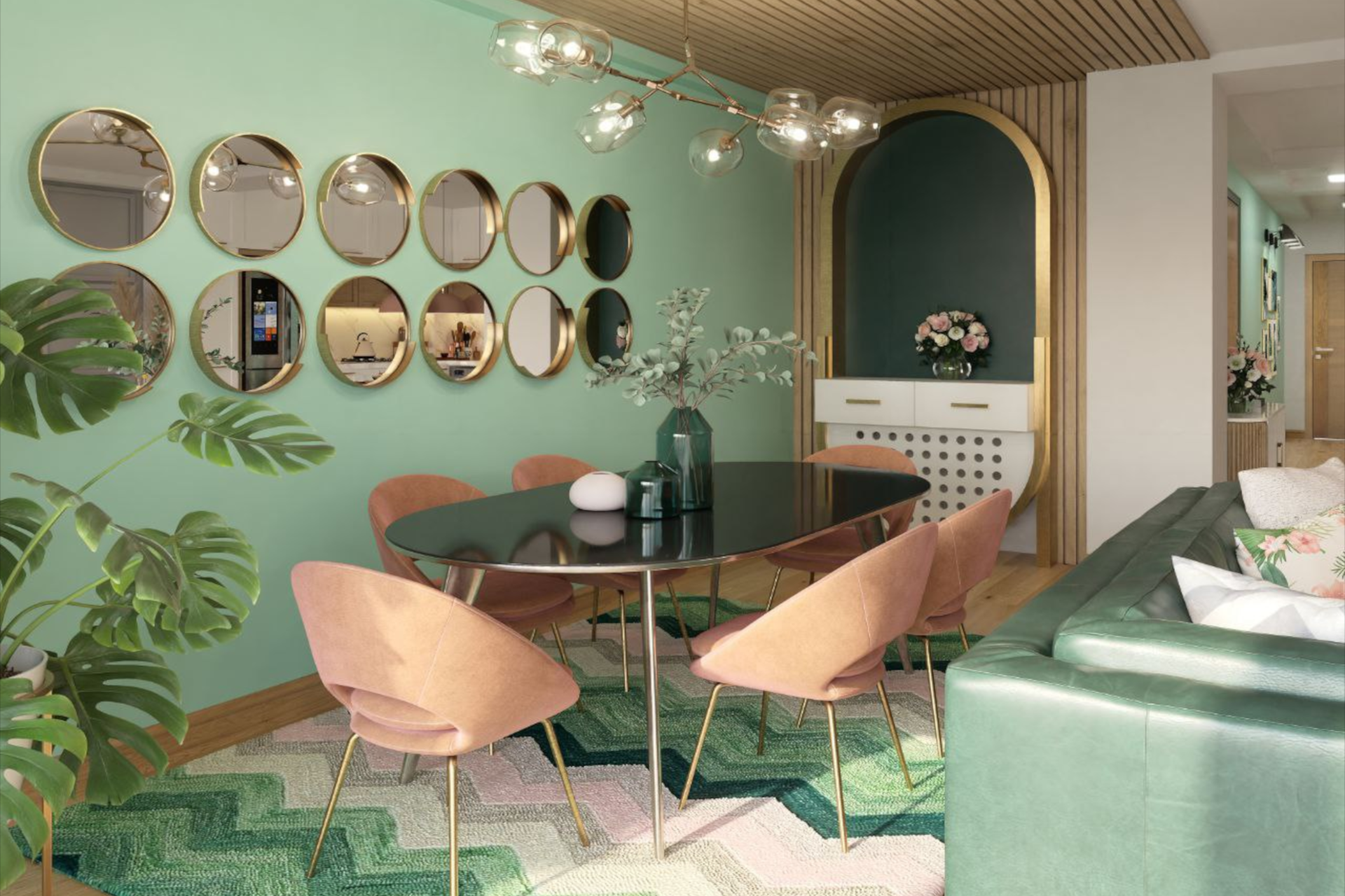 architectural 3d visualization by Keneti studio. interior render of a cozy flat with a green color code. view to the dinning area.