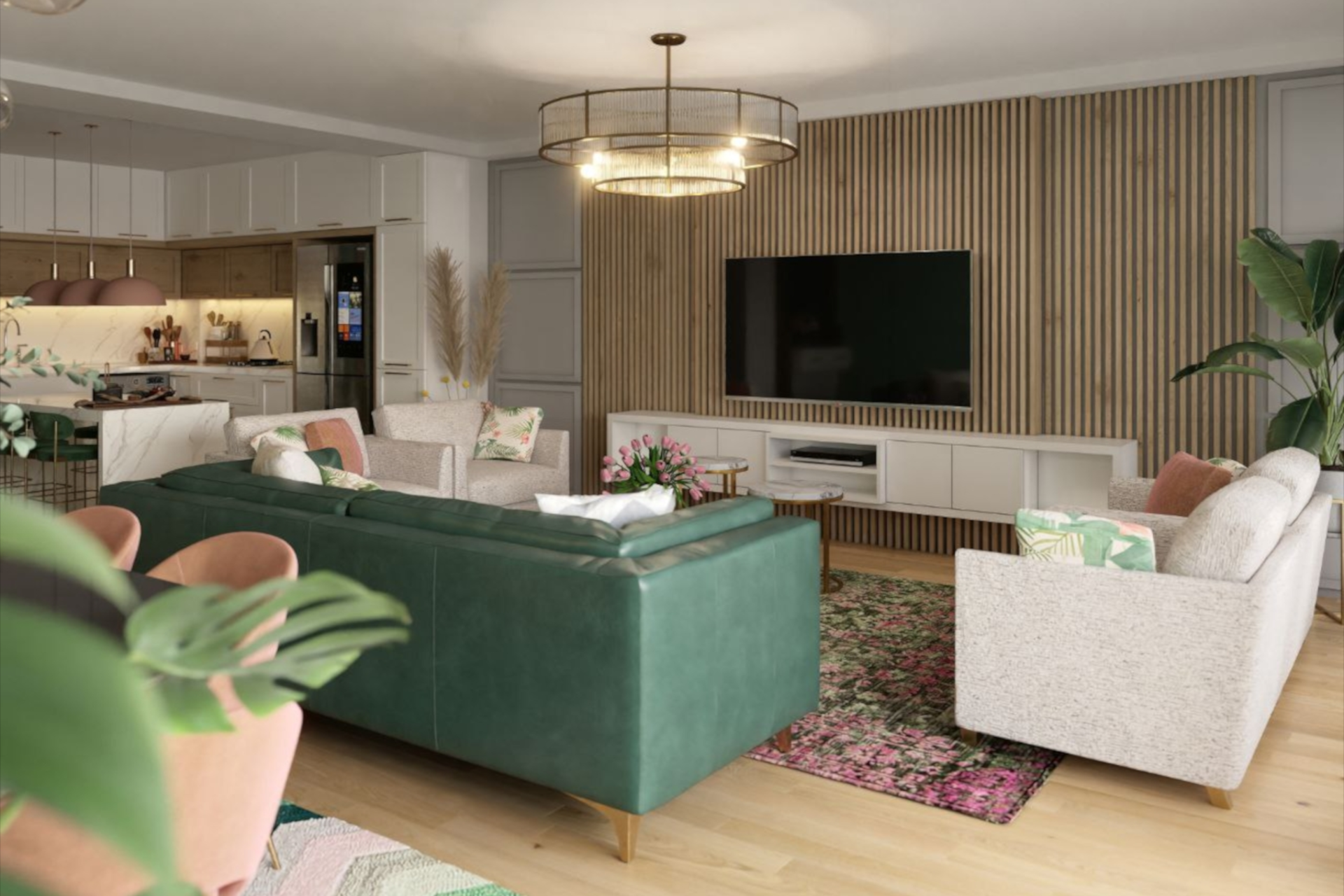 architectural 3d visualization by Keneti studio. interior render of a cozy flat with a green color code. view to the living room.