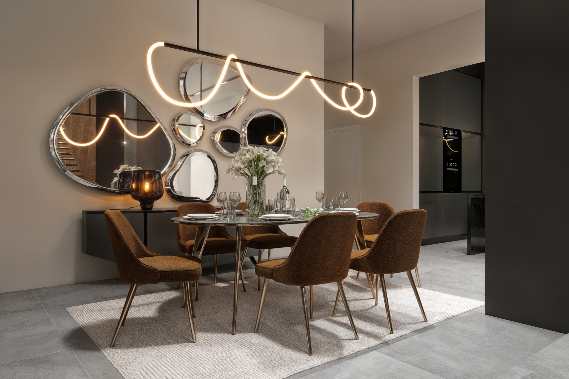 architectural 3d visualization by Keneti studio. interior render of a modern luxury house interior design. view to the dinning area with lighting design.