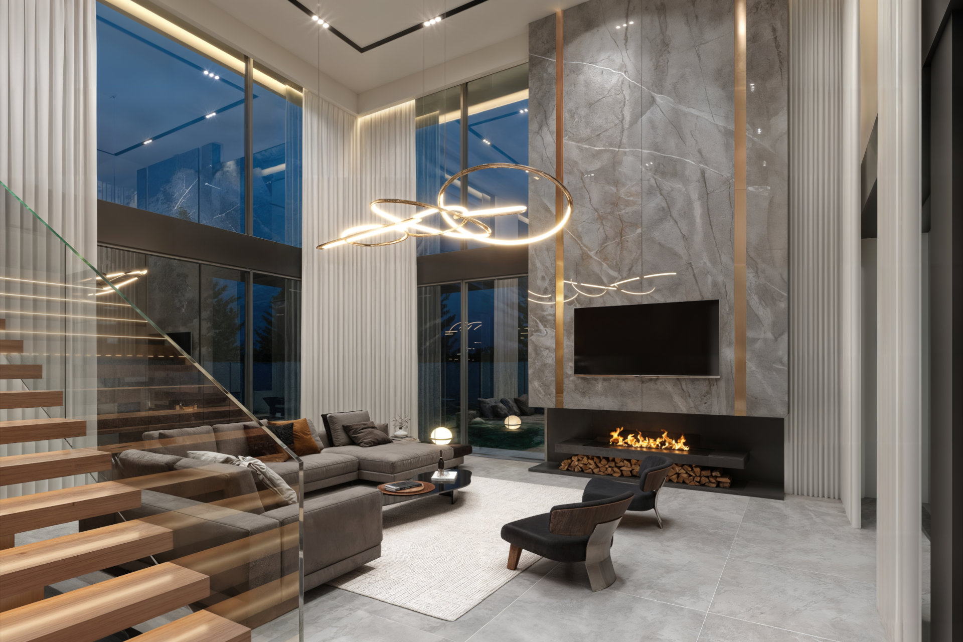 architectural 3d visualization by Keneti studio. interior render of a modern luxury house interior design. view to the living room, fireplace and the lighting design.