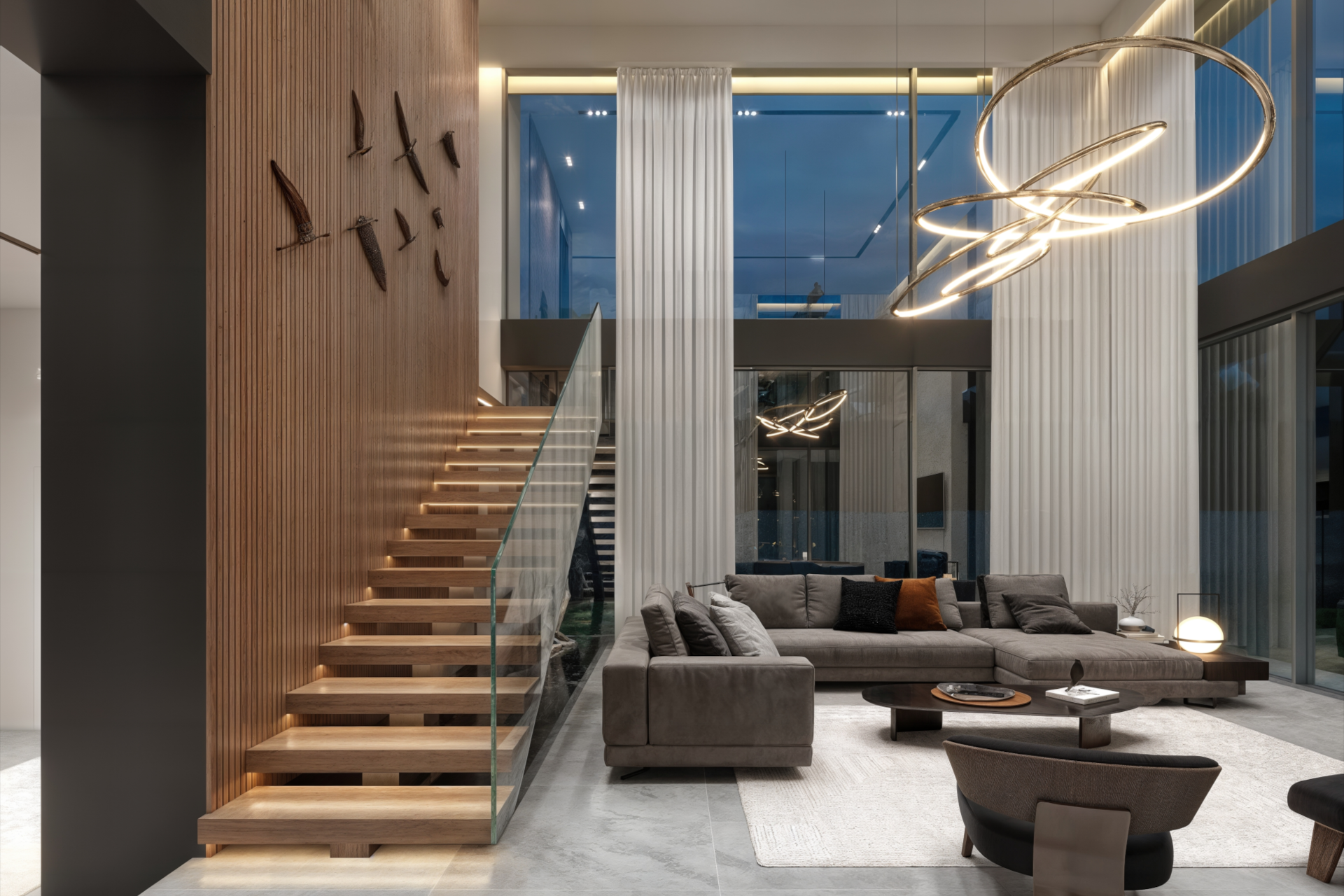 architectural 3d visualization by Keneti studio. interior render of a modern luxury house interior design. view to the living room and stairs.