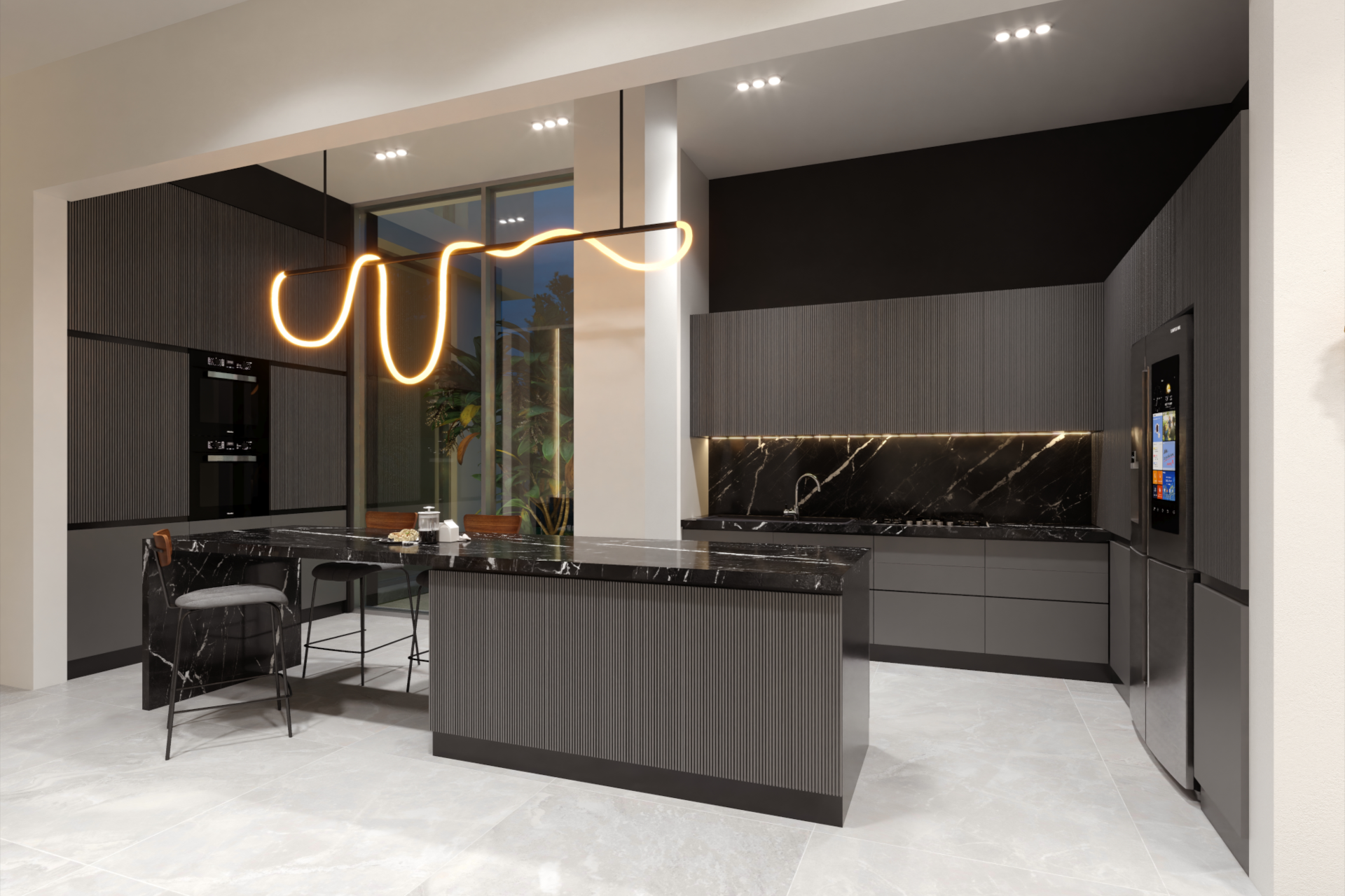 architectural 3d visualization by Keneti studio. interior render of a modern luxury house interior design. view to the modern kitchen.